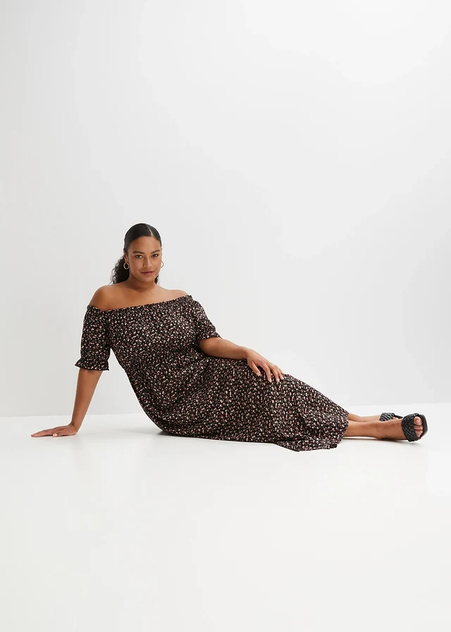 Robe longue 100% viscose, Couleur: noir floral