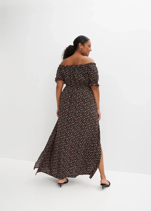 Robe longue 100% viscose, Couleur: noir floral