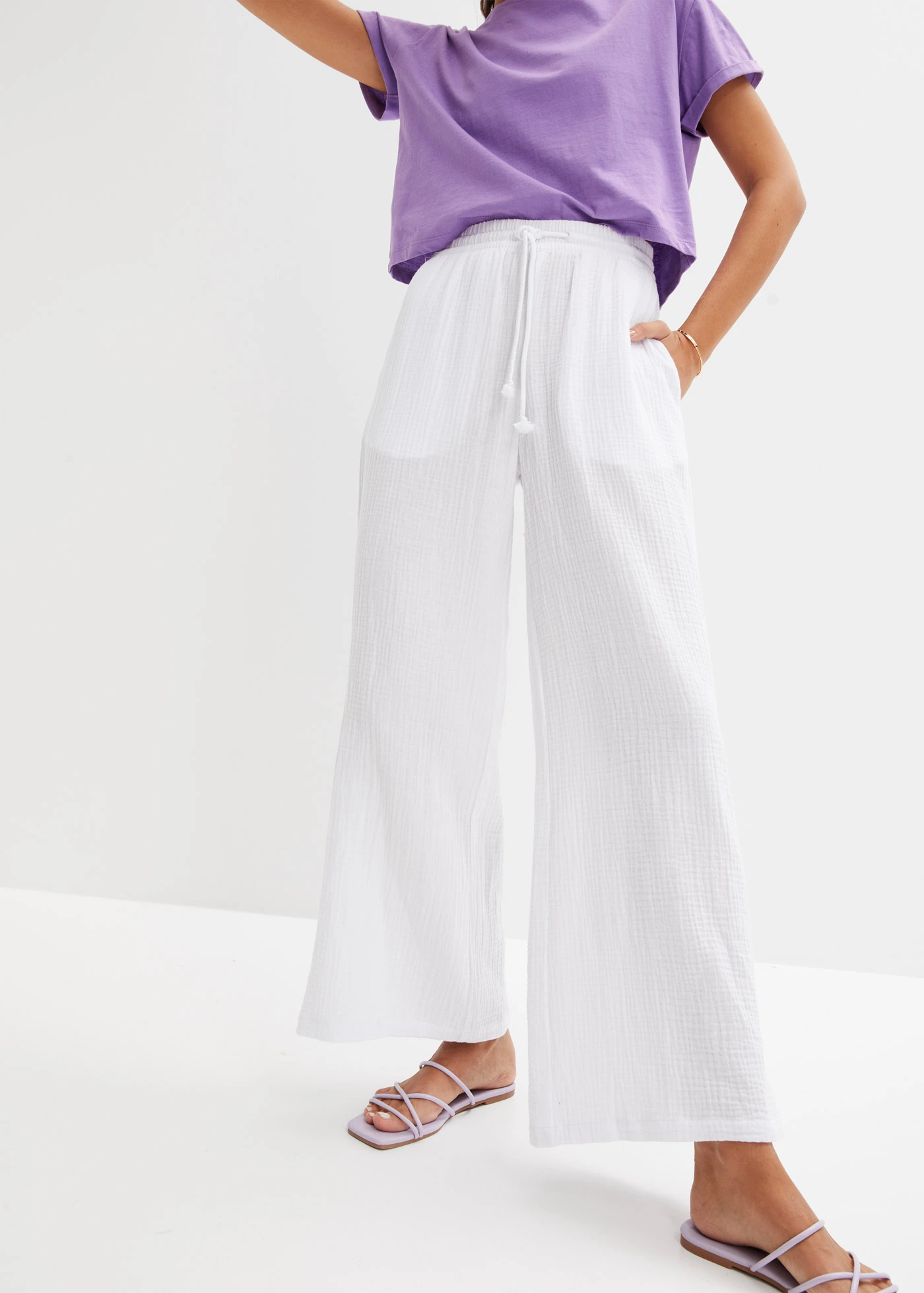 Pantalon palazzo léger en gaze de coton • blanc • Boutique bonprix
