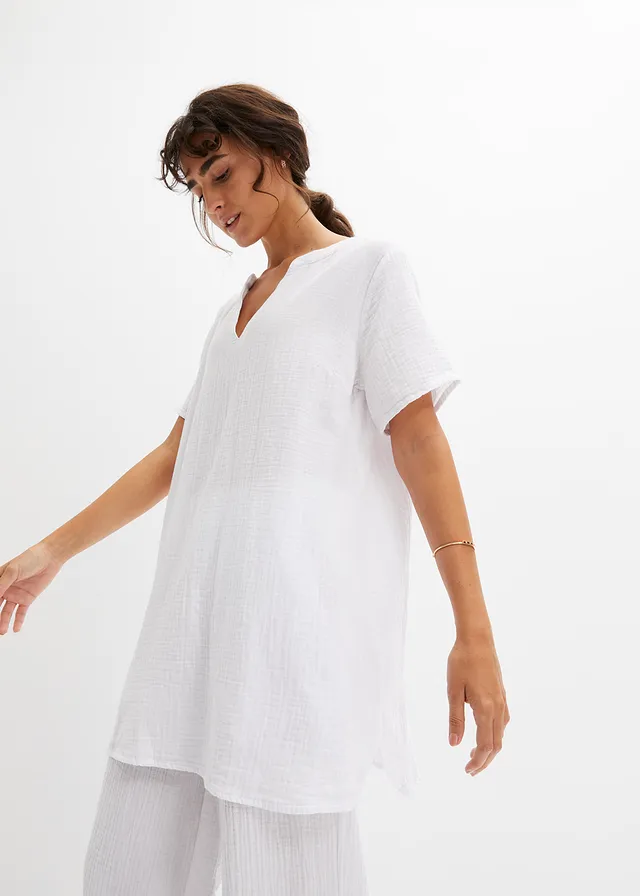 Tunique longue en gaze 100% coton, Couleur: blanc