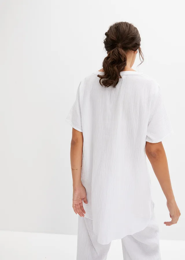 Lange tuniek van mousseline, korte mouw, Kleur: wit