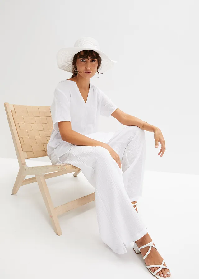 Lange tuniek van mousseline, korte mouw, Kleur: wit