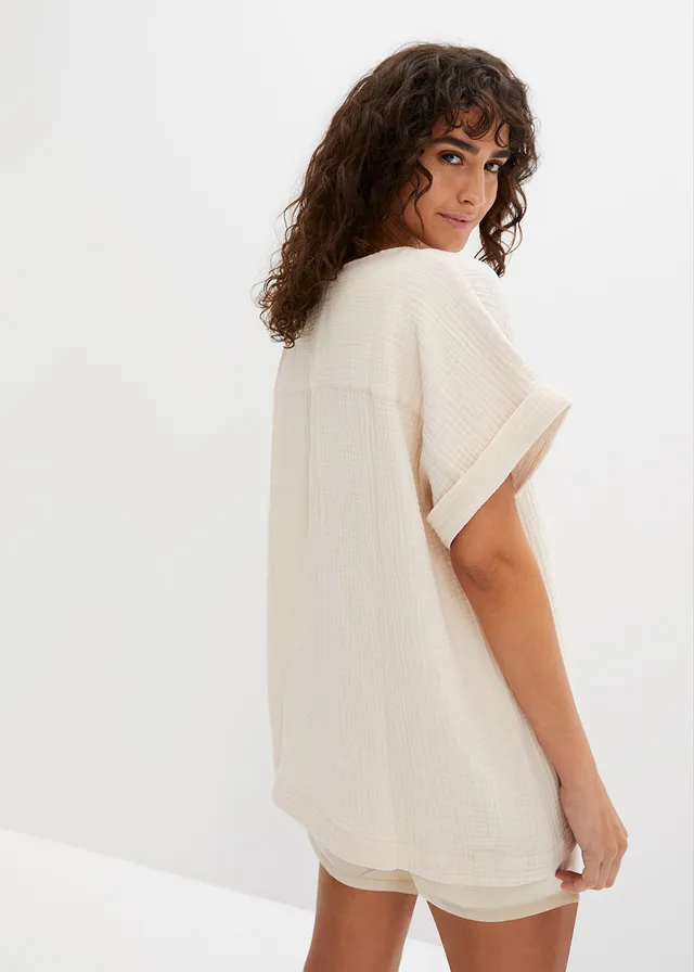 Mousseline blouse met knoopsluiting en zak, Kleur: kiezelgrijs
