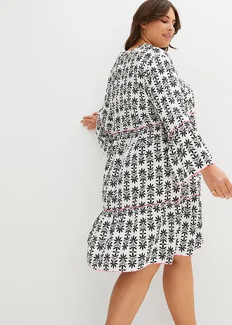 Tunikové šaty ze splývavé viskózy, barva: přírodní bílo-neonově pink-černá s potiskem