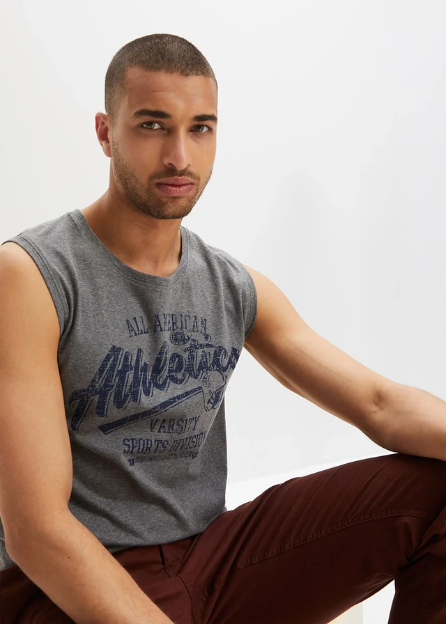 Lot de 2 débardeurs marcel 100% coton, Couleur: bleu foncé + gris chiné imprimé