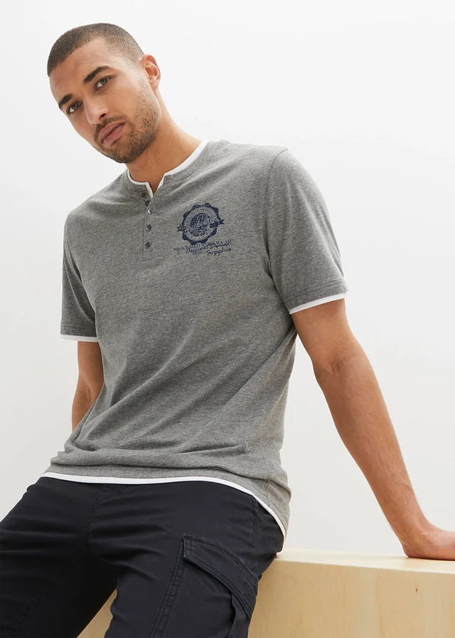 Lot de 2 t-shirts col tunisien 100 % coton • bleu foncé+gris chiné • product-page.page-title-suffix
