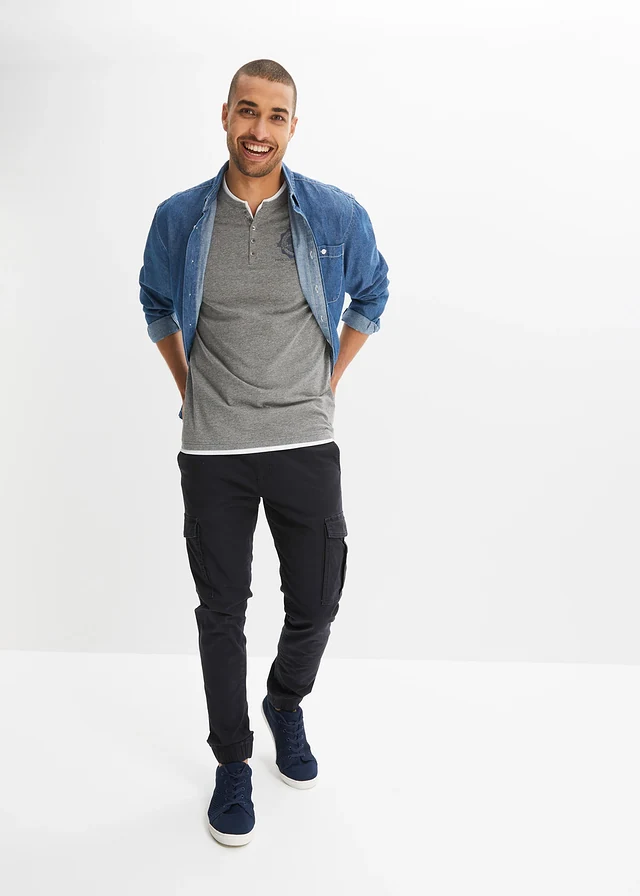 Lot de 2 t-shirts col tunisien 100 % coton, Couleur: bleu foncé+gris chiné