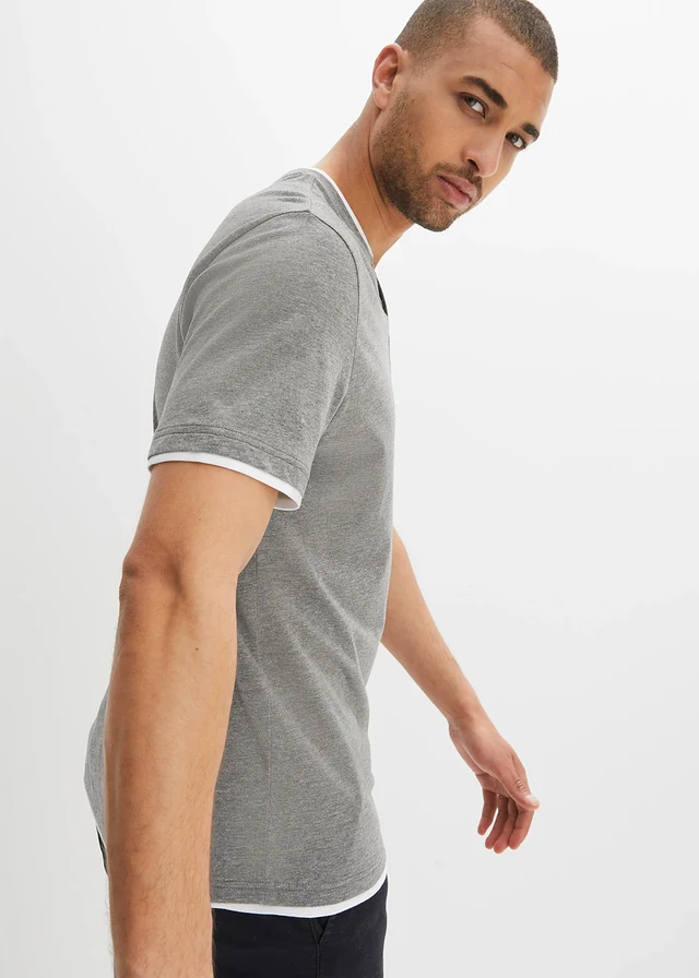 Lot de 2 t-shirts col tunisien 100 % coton, Couleur: bleu foncé+gris chiné