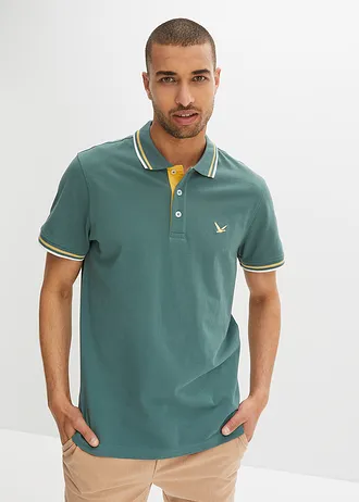Piqué-poloshirt van puur katoen, korte mouwen (set van 2) • lichtindigo+grijsgroen • bonprix online shop