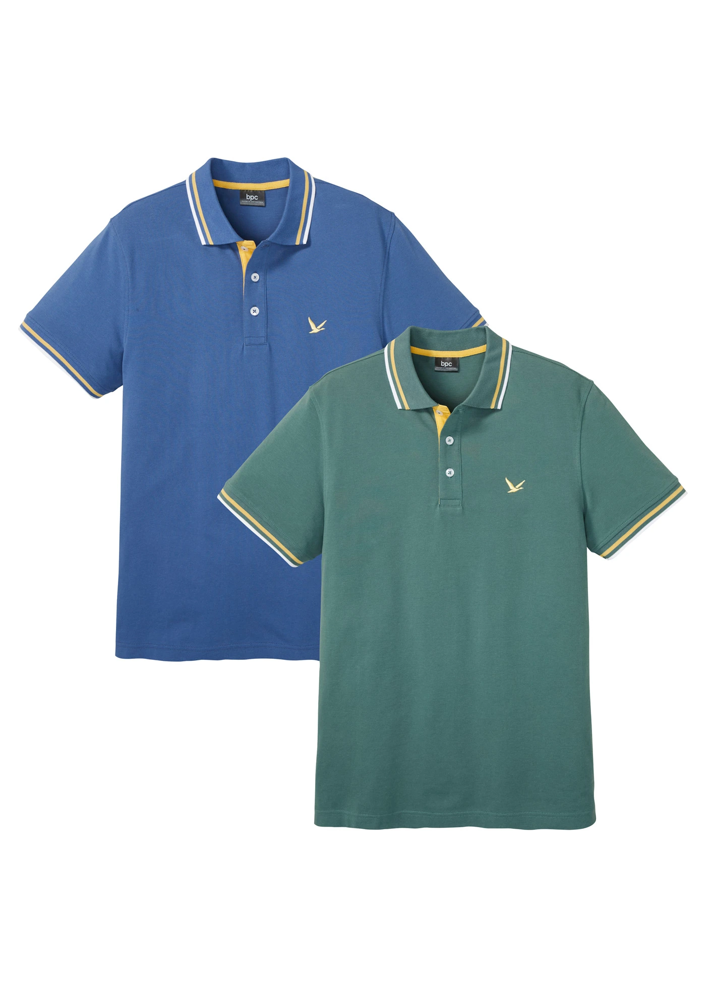 Piqué-poloshirt van puur katoen, korte mouwen (set van 2) • lichtindigo+grijsgroen • bonprix online shop