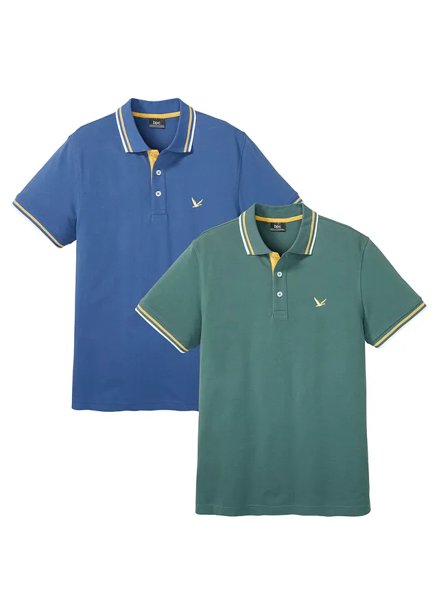 Lot de 2 polos en maille piquée 100% coton, Couleur: indigo clair + gris vert