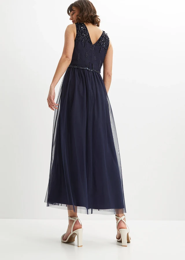 Robe longue avec haut brodé de sequins, Couleur: bleu foncé