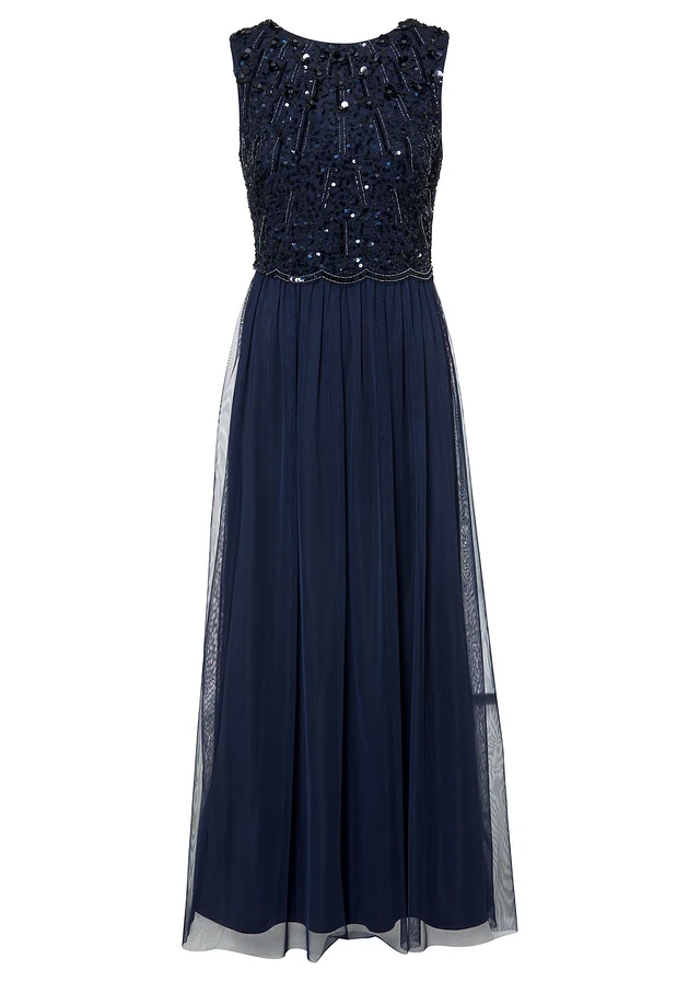 Maxi jurk met paillettenborduurwerk, Kleur: donkerblauw