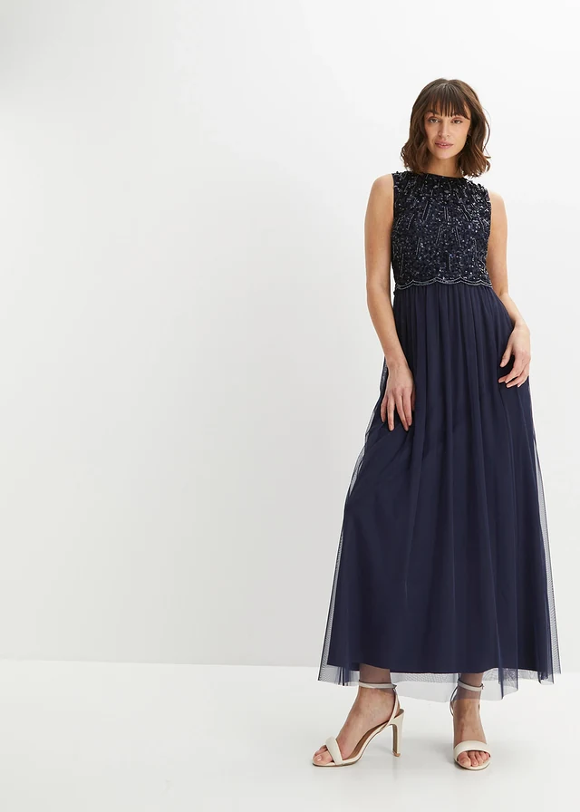 Robe longue avec haut brodé de sequins, Couleur: bleu foncé