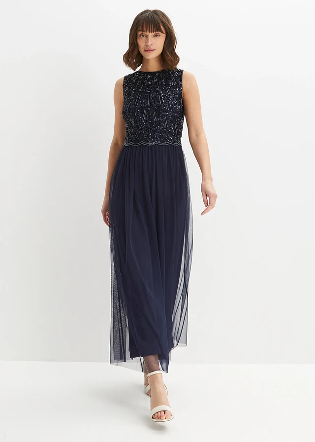Robe longue avec haut brodé de sequins, Couleur: bleu foncé