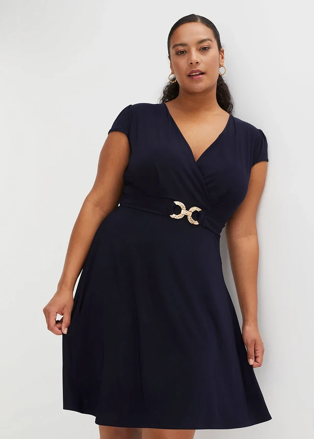 Jersey jurk met decoratieve gesp, Kleur: donkerblauw