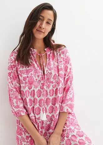 Dlouhé mačkané šaty z bavlny s kapsami a 3/4 rukávem • bílá/růžová/pinklady • bonprix obchod