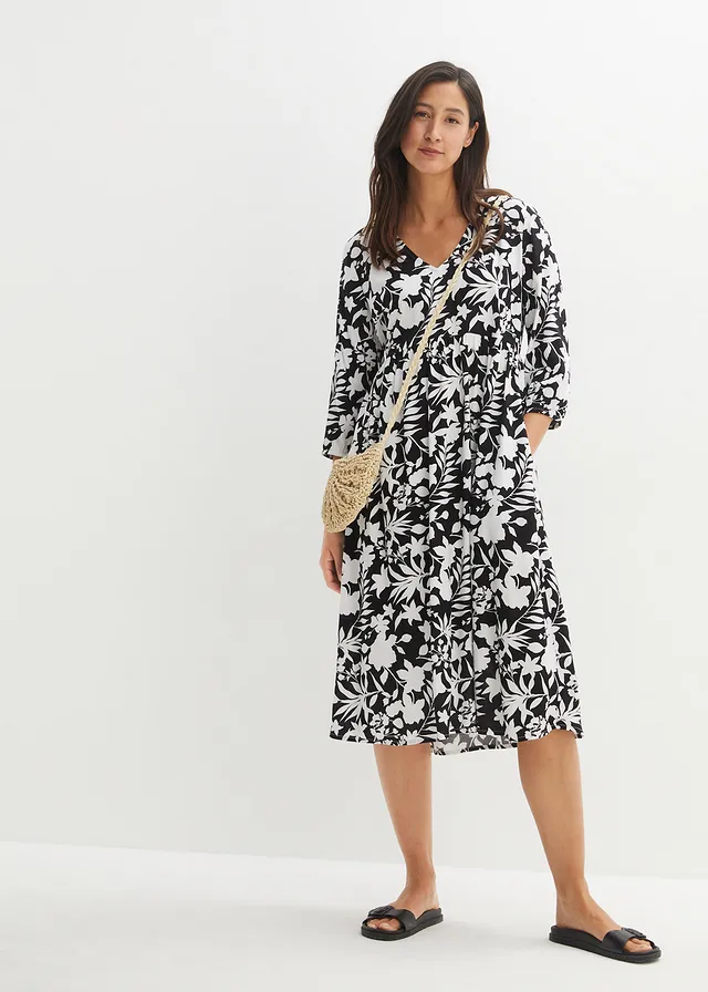 Robe midi en viscose fluide, Couleur: noir-blanc floral