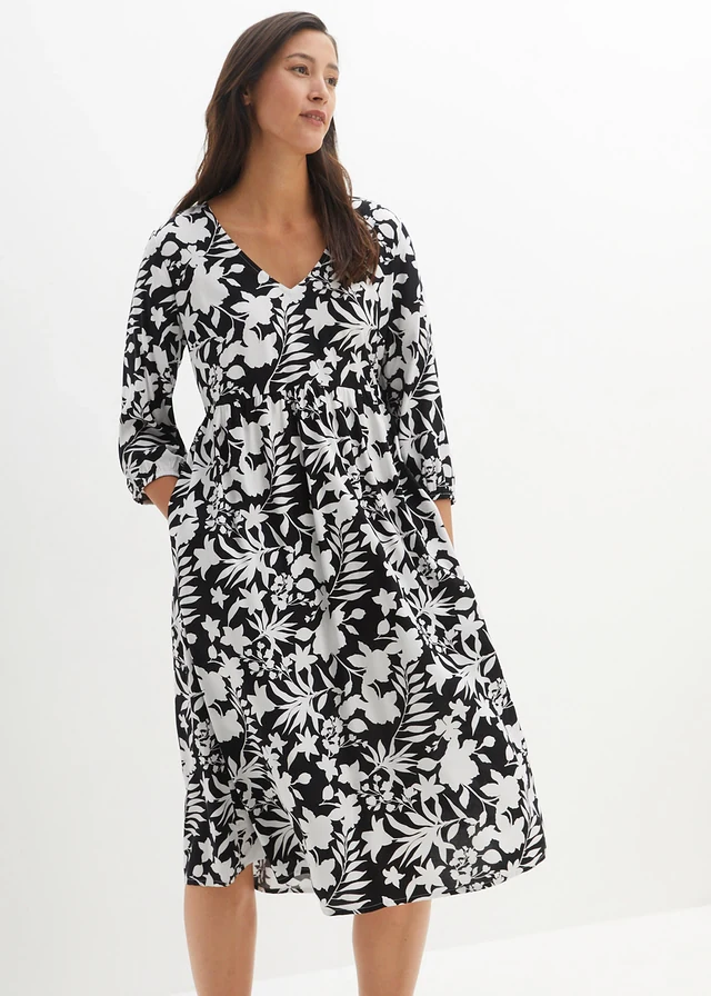 Robe midi en viscose fluide, Couleur: noir-blanc floral