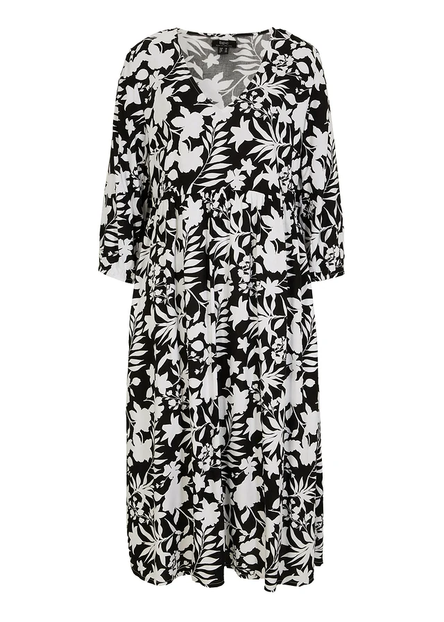 Robe midi en viscose fluide, Couleur: noir-blanc floral