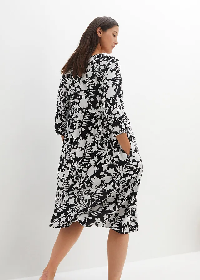 Robe midi en viscose fluide, Couleur: noir-blanc floral