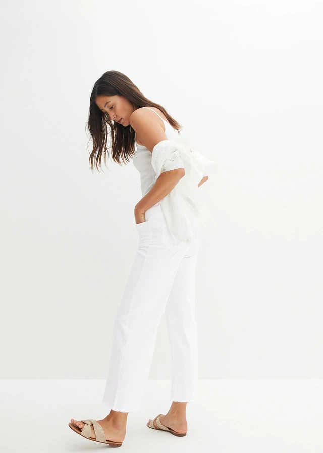 Jean large 7/8 extensible blanc pois noir