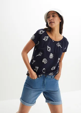 T-shirt z okrągłym dekoltem i nadrukiem, z bawełny organicznej • ciemnoniebieski • sklep bonprix