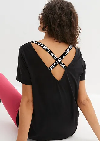 Długi T-shirt sportowy z wycięciem z tyłu • czarny • sklep bonprix