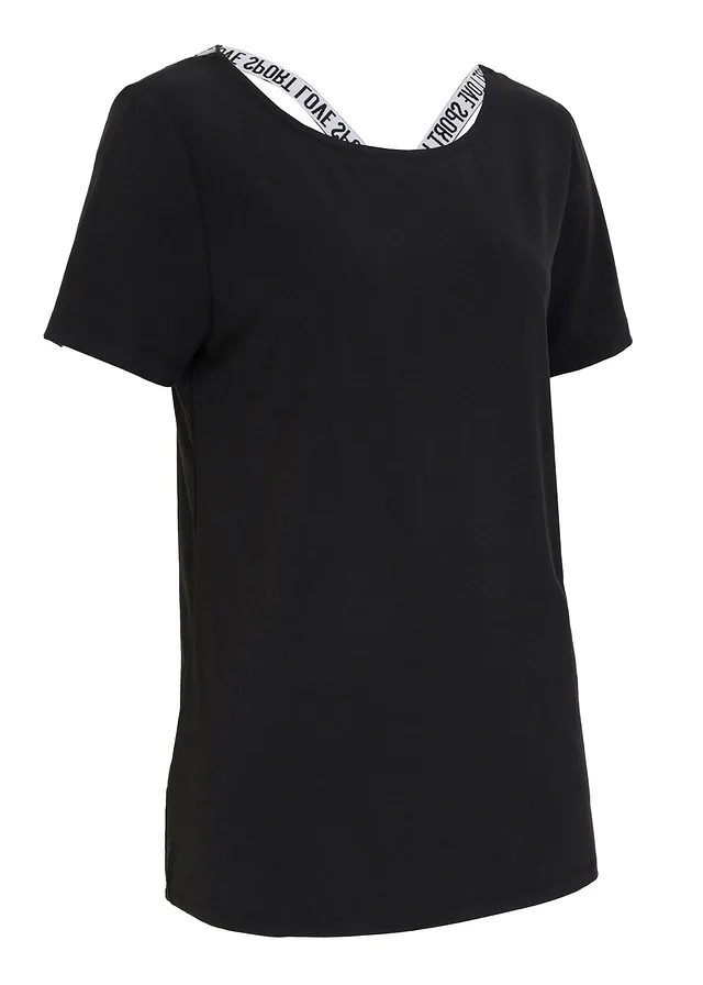 T-shirt long de sport avec décolleté dos, Couleur: noir