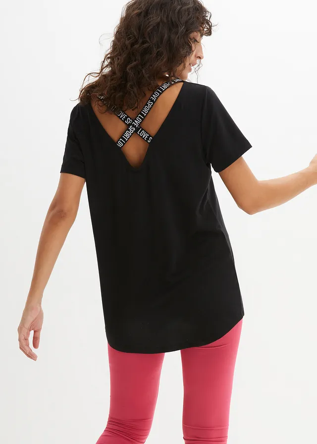 Lang sportshirt met rugdecolleté, Kleur: zwart
