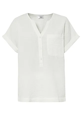 Mousseline blouse met knoopsluiting en zak • wolwit • bonprix online shop