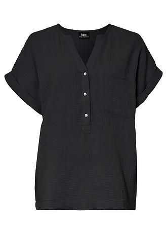 Mousseline blouse met knoopsluiting en zak, Kleur: zwart