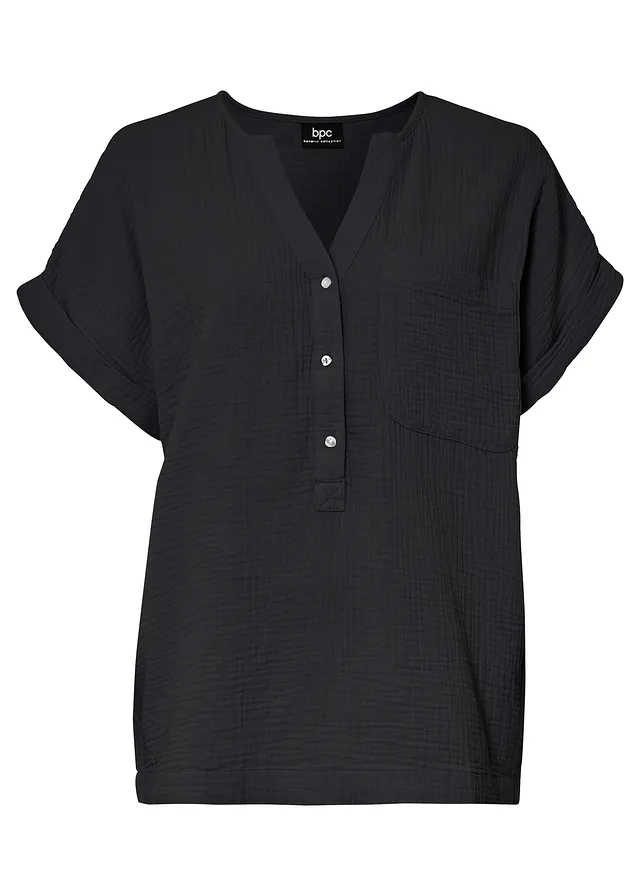 Mousseline blouse met knoopsluiting en zak, Kleur: zwart