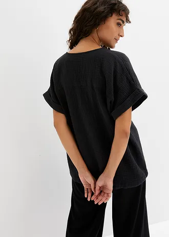 Mousseline blouse met knoopsluiting en zak, Kleur: zwart