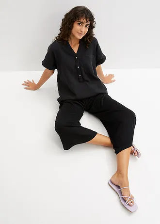 Mousseline blouse met knoopsluiting en zak, Kleur: zwart