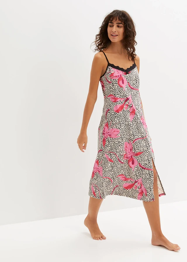 Nachtjapon met spaghettibandjes en kant, Kleur: zwart/hibiscuspink