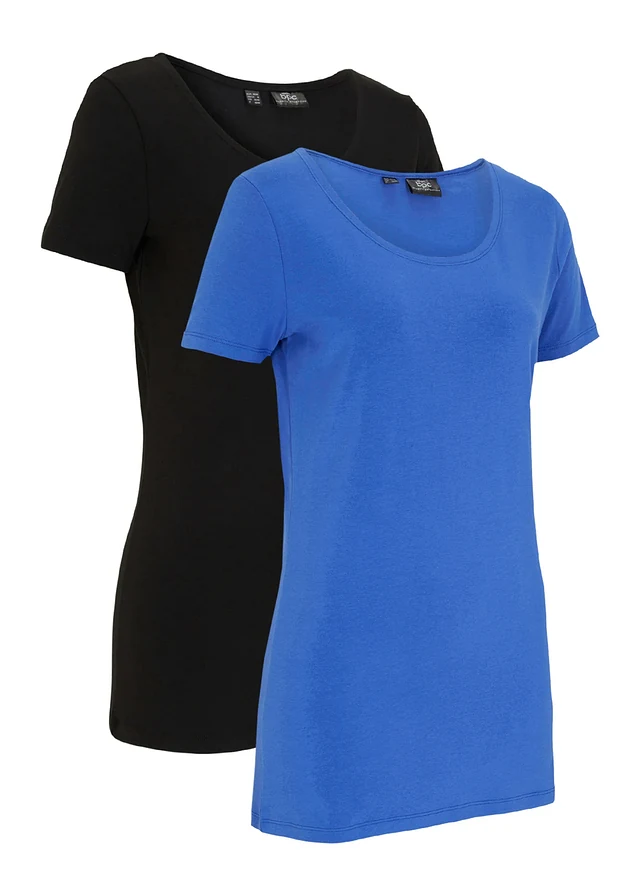 Lot de 2 T-shirts longs avec inscription, Couleur: bleu brillant + noir