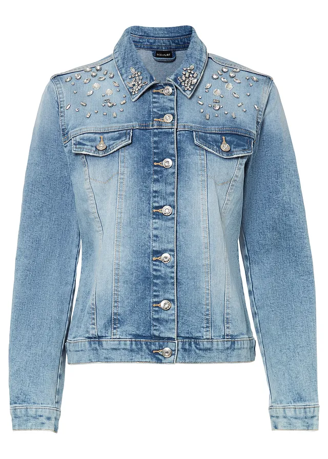 Veste en jean avec strass appliqués, Couleur: denim bleu