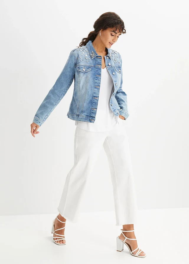 Veste en jean avec strass appliqués, Couleur: denim bleu