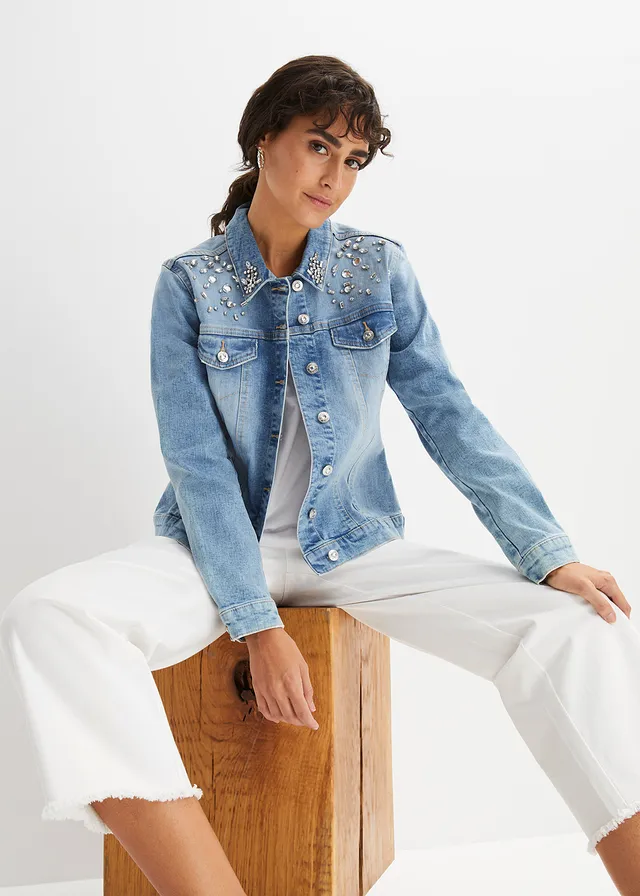 Veste en jean avec strass appliqués, Couleur: denim bleu