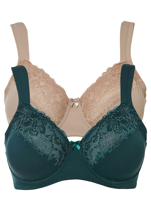 Zmenšovací podprsenka s polstrovanými ramínky (2 ks v balení) • tmavě zelená + béžovošedá • bonprix obchod