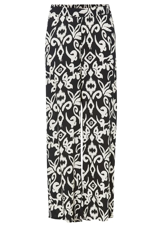 Pantalon large et imprimé en viscose fluide • noir-crème imprimé • Boutique bonprix