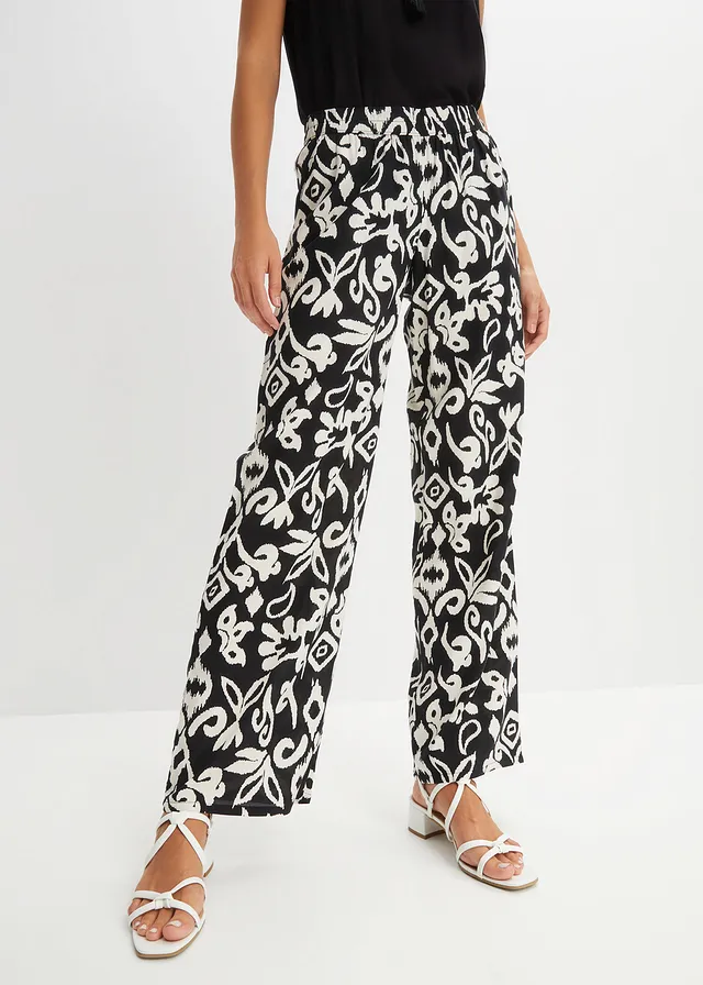Pantalon large en viscose fluide, Couleur: noir/crème