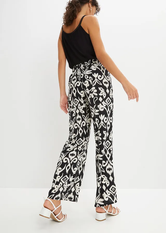 Pantalon large en viscose fluide, Couleur: noir/crème