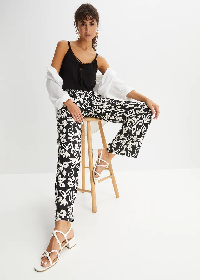 Pantalon large en viscose fluide, Couleur: noir/crème