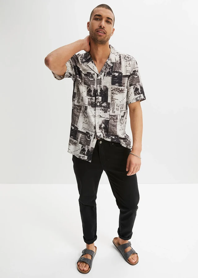 Viscose overhemd met korte mouwen, Kleur: wit/zwart