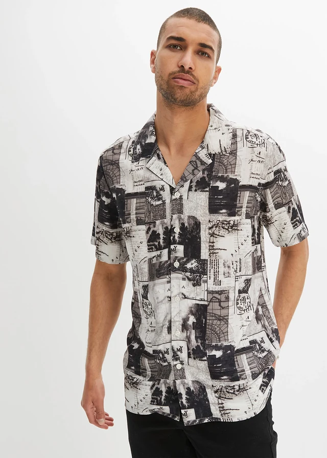 Chemise manches courtes en viscose, Couleur: blanc + noir