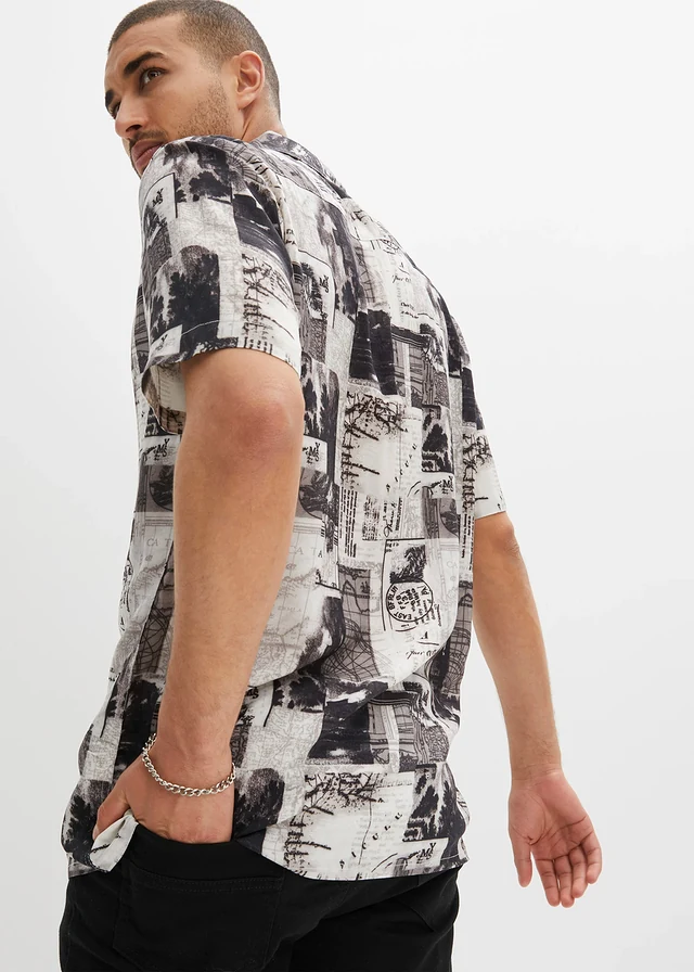 Viscose overhemd met korte mouwen, Kleur: wit/zwart