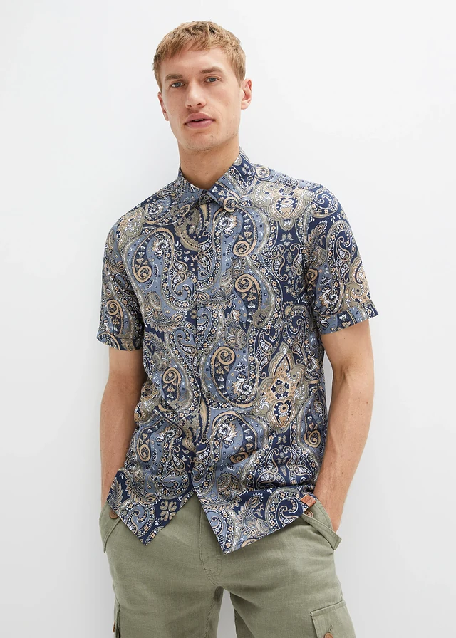 Overhemd van zomers materiaal met korte mouwen, Kleur: donkerblauw paisley