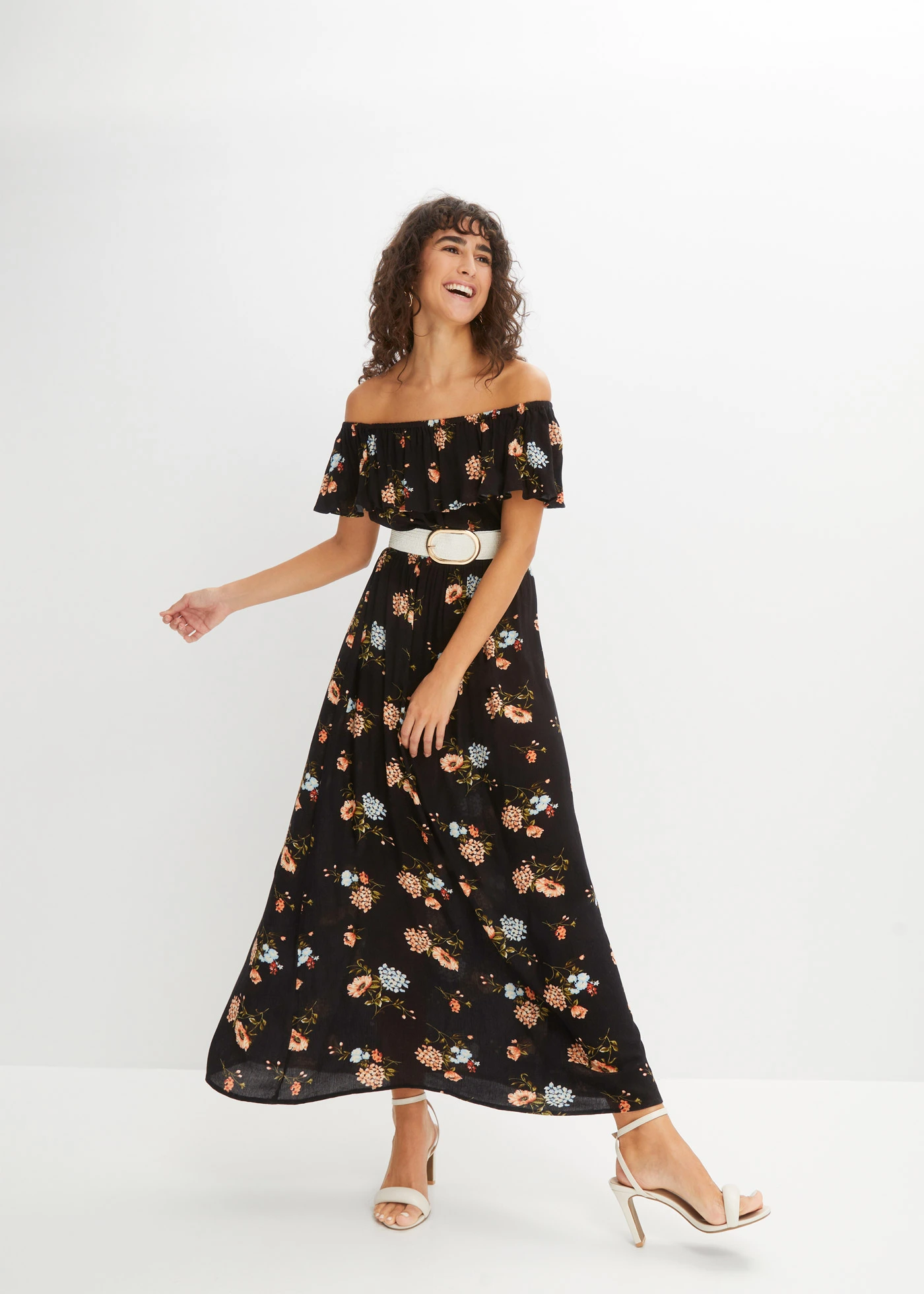 Rochie carmen din viscoză fluidă • negru floral • magazin bonprix